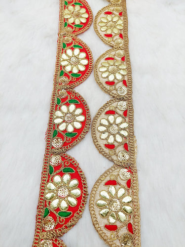 9 Yards Silk Fabric Scalloped Lace Trim, Indian Gold Foil Work Embroidery Gota Patti Sari Border Decorative Trim Craft Lace